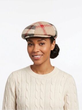Burberry Beige Plaid Baker Boy Cap with Black and Red Details
